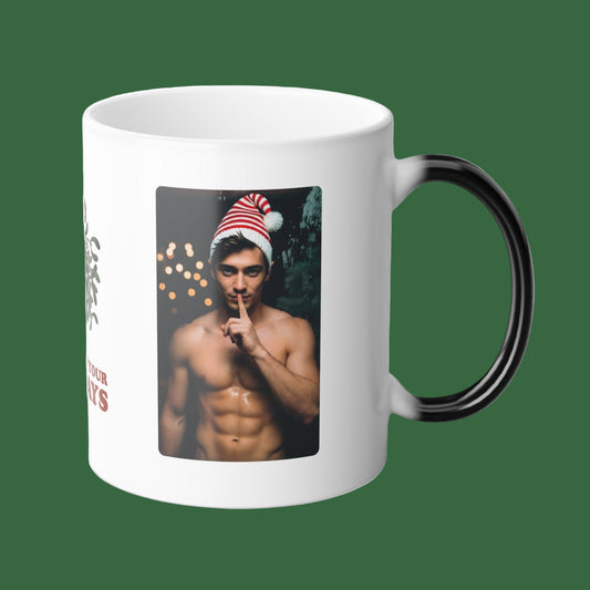 White mug with a printed design of a shirtless man wearing a Santa hat on a white background