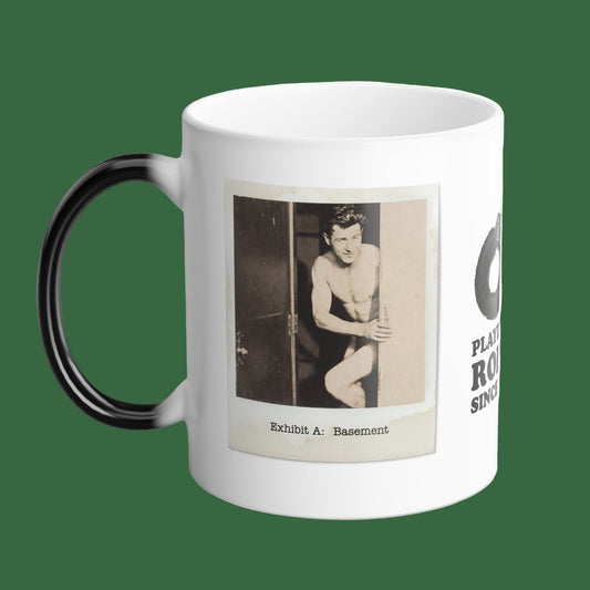 White mug with a graphic design featuring a person and text on a white background