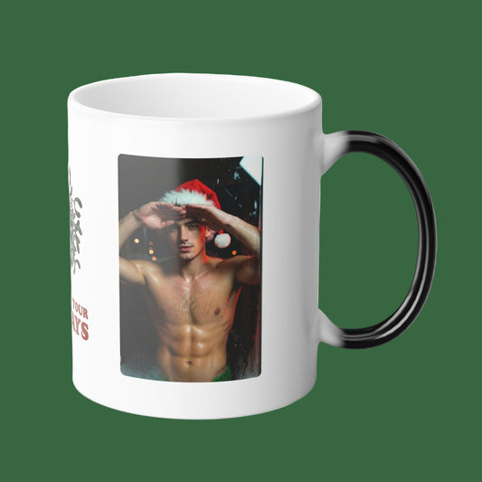 White mug with a printed design of a shirtless man wearing a Santa hat on a white background