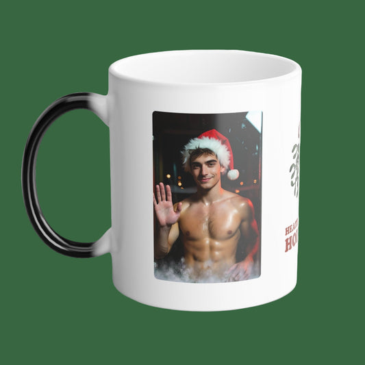 White mug with a printed design of a shirtless person wearing a Santa hat on a white background