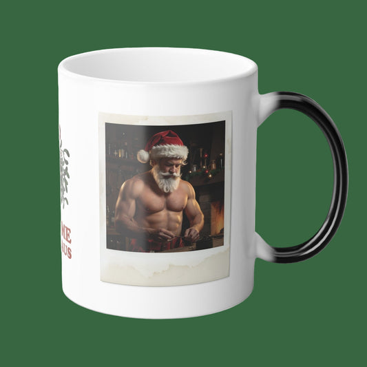 White mug with a black handle featuring a graphic of a muscular Santa Claus on a white background