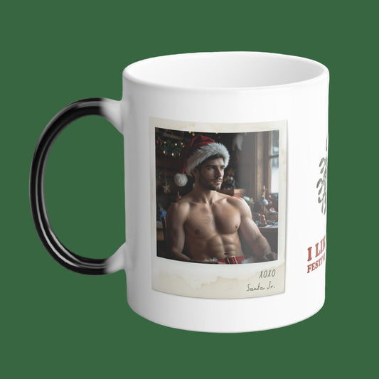 Mug with a printed image of a shirtless Santa Jr. on a white background