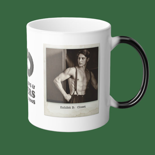Mug with a black and white photo of a shirtless man wearing suspenders on a white background