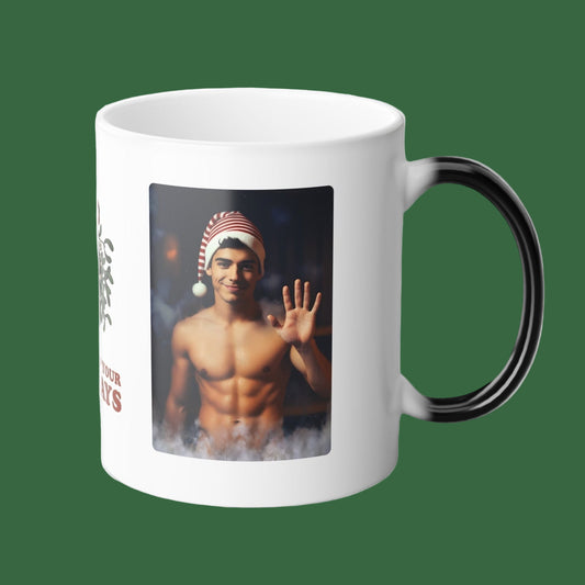 Mug with a printed design of a shirtless elf wearing a festive hat on a white background