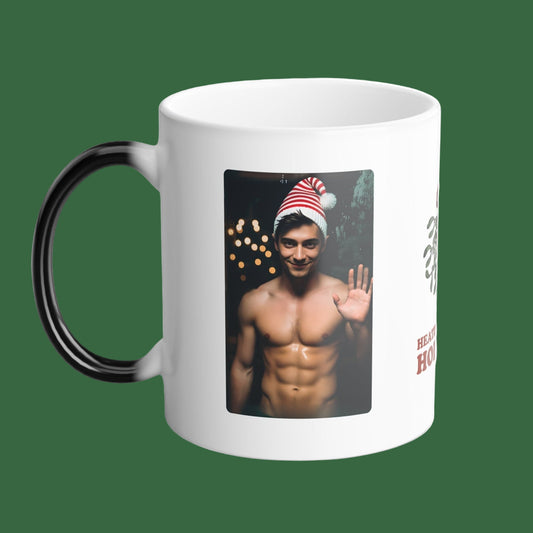 White mug with a printed design of a shirtless man wearing a Santa hat on a white background