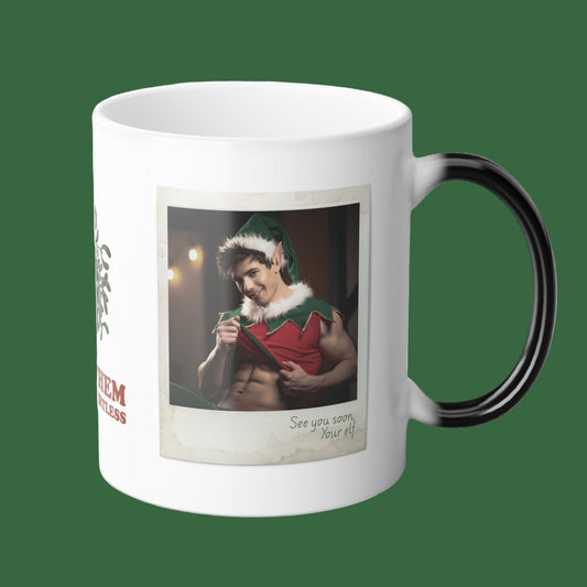White mug with a printed design of a elf in a festive outfit on a white background